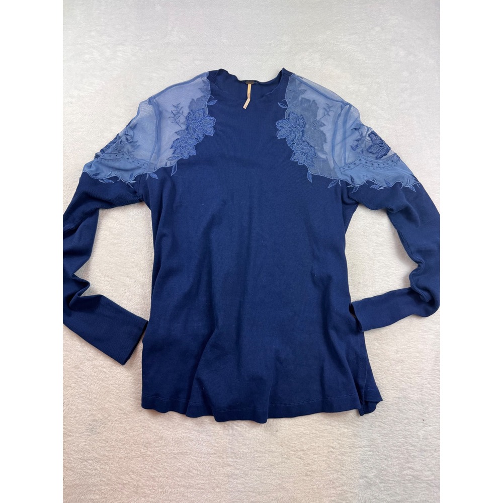 Free People Navy Blue Ribbed Knit Top Sheer Floral Embroidered Mesh Shoulder S